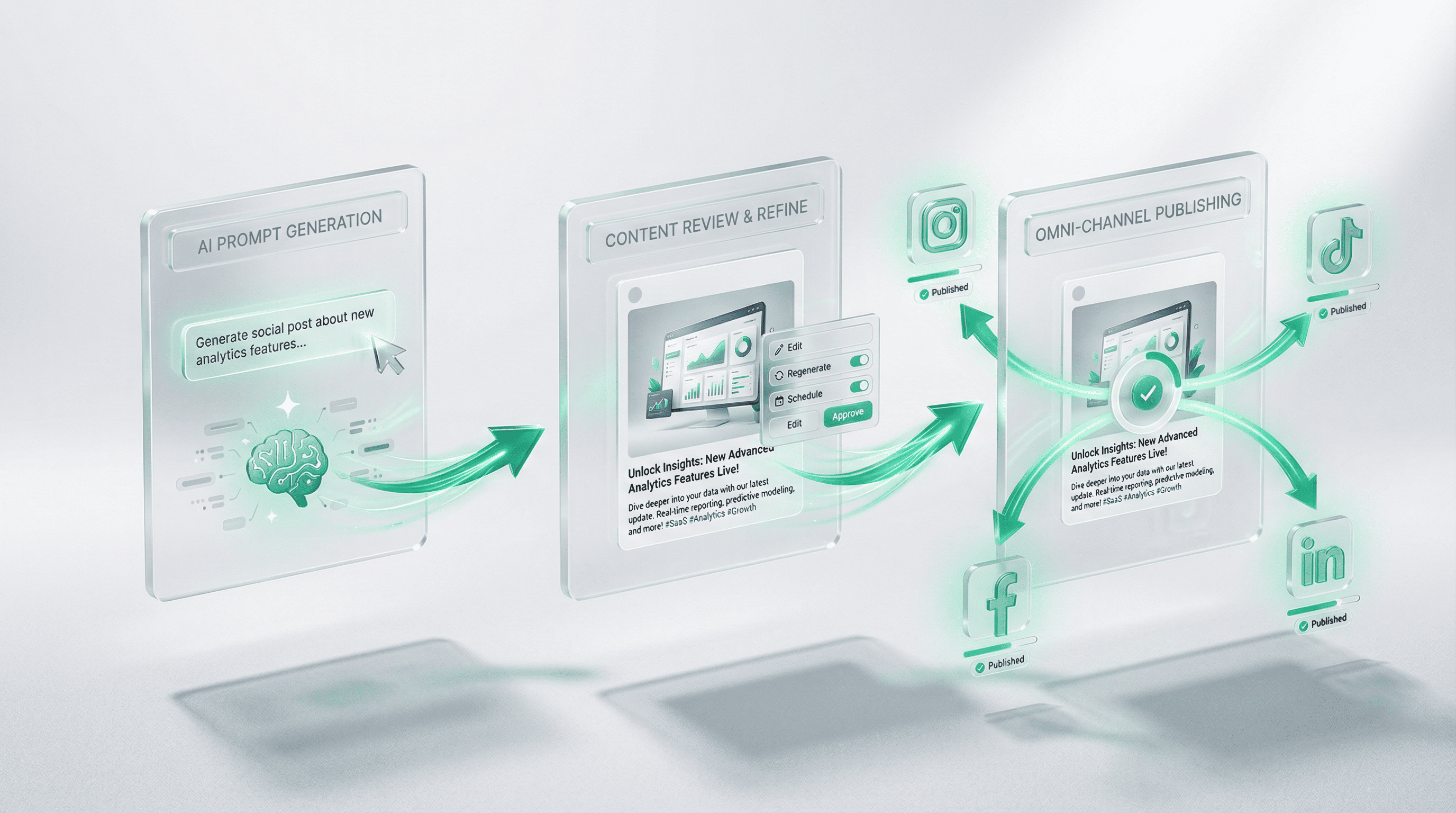 AI Marketing Studio workflow — AI Prompt Generation, Content Review, Omni-Channel Publishing