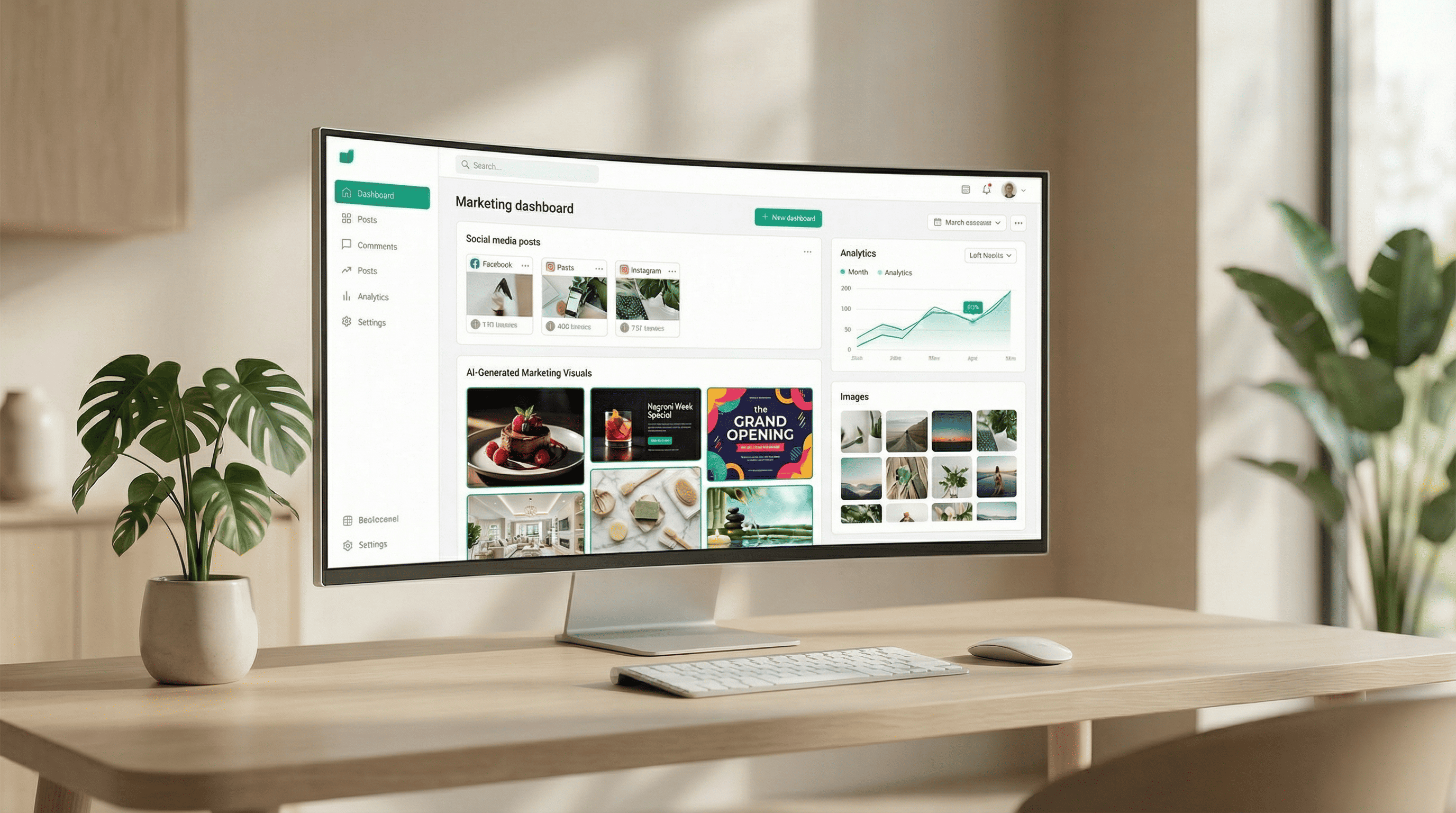 AI-generated marketing visuals grid — food, events, promotions, all professional quality